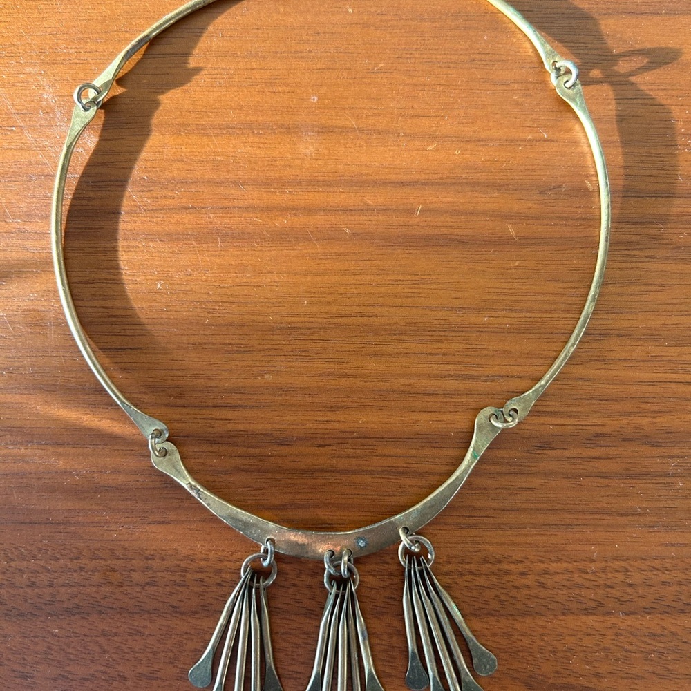 Mid-century modernist (MCM) brass collar necklace with fanned dangling elements